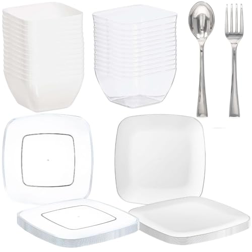 Mini Appetizer Set - Assorted Sizes (Pack Of 96) - White, Clear & Silver Plastic Serving Dishes - Perfect For Parties, Weddings & Home Entertaining
