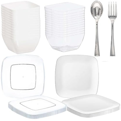 Mini Appetizer Set - Assorted Sizes (Pack Of 96) - White, Clear & Silver Plastic Serving Dishes - Perfect For Parties, Weddings & Home Entertaining