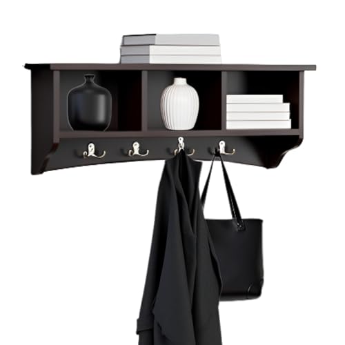 Shaker Cottage Wall-Mounted Coat Rack with 3 Storage Cubbies and Hooks – Hanging Wall Organizer for Entryway, Mudroom, or Hallway, Space-Saving Wall Shelf, 36" W x 9" D x 14" H (Chocolate Finish) - color: Chocolate