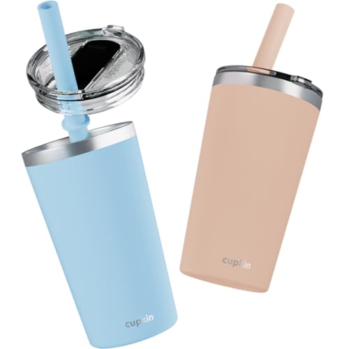 CUPKIN Toddler Tumblers, The Original 12 oz Stackable Stainless Steel Cups, Set of 2 Powder Coated Insulated Kids Water Bottle Alternative & BPA Free Lids + Reusable Silicone Straws (Peach + Teal) - color: Peach + Teal, size: 12 Fl Oz (Pack of 2)