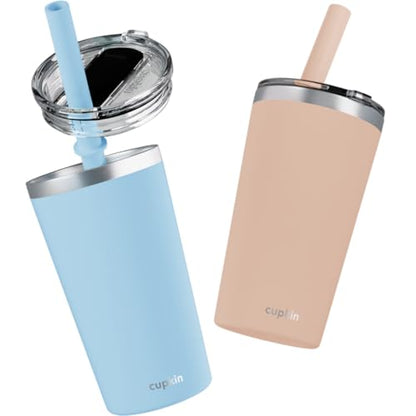 CUPKIN Toddler Tumblers, The Original 12 oz Stackable Stainless Steel Cups, Set of 2 Powder Coated Insulated Kids Water Bottle Alternative & BPA Free Lids + Reusable Silicone Straws (Peach + Teal) - color: Peach + Teal, size: 12 Fl Oz (Pack of 2)