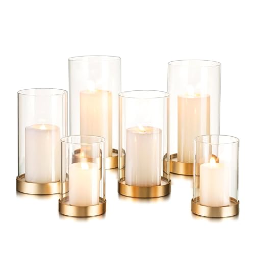 Hewory Hurricane Candle Holder for Pillar Candles: 6Pcs Gold Candle Holders | Hurricane Glass Candle Holders with Metal Plate, Table Centerpiece Wedding Holiday Party Fireplace Mantel Decor, 3 Sizes - color: Gold, size: 6PCS