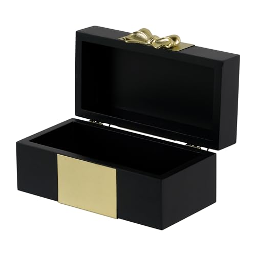 Wooden Keepsake Box - Black & Gold Boxes with Bow Accent, Decorative Storage Gift Box for Jewelry Love Letters Photos, 6.93" W