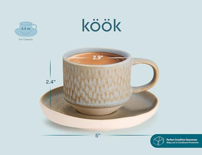 KooK Espresso Mug and Saucer Set, Ceramic Cups and Plates with Rustic Organic Shape and Feathered Texture, Dishwasher and Microwave Safe, Set of 4, Neutral Multicolor (5.5 Oz) - size: 5.5 Oz