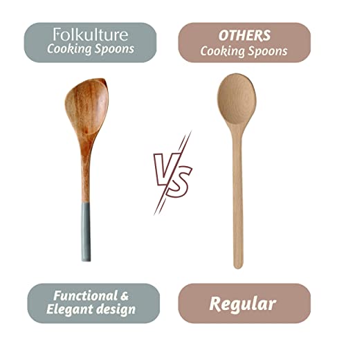Folkulture Premium Wooden Spoons for Cooking,Kitchen Utensils Set of 5(12") | Premium Acacia Wooden Utensil, Smooth Finish, Non Stick Wooden Cooking Utensils, Kitchen Essentials, Cooking Gifts - color: Gray