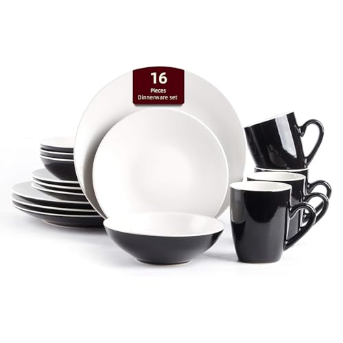 HomeVss Stoneware Two-Tone Colors Life 16pc Dinner Set，Outside Shiny Black + Inside Matte Glaze Off White Cream color - color: Off-White, size: 16pc Set