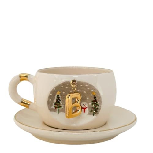 Personalized Handmade Porcelain Coffee Tea Mug With Letter, Custom Initial Mug Gift For Tea Coffee Lover With Saucer Text
