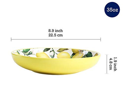 Bico Lemon Dreams Pasta Bowls, 35oz Salad Bowl Set of 4, Large Ceramic Serving Dinner Bowls for Soup and Cereal, Microwave and Dishwasher Safe, Gift for Housewarming and Thanksgiving - color: Lemon Dreams