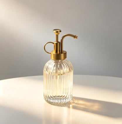 Vintage Vertical Striped Glass Plant Mister, Brass Pump Small Watering Spray Bottle for Succulent Indoor Plants