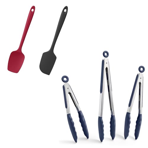 Doosu 600°F Heat Resistant Kitchen Tongs for Cooking with Non-Scratch Silicone Tips (7+9+12in, Navy Blue) & 2-Piece Spatula Set BPA Free Rubber Scrapers for Kitchen Cooking Baking Stirring (Red+Black)