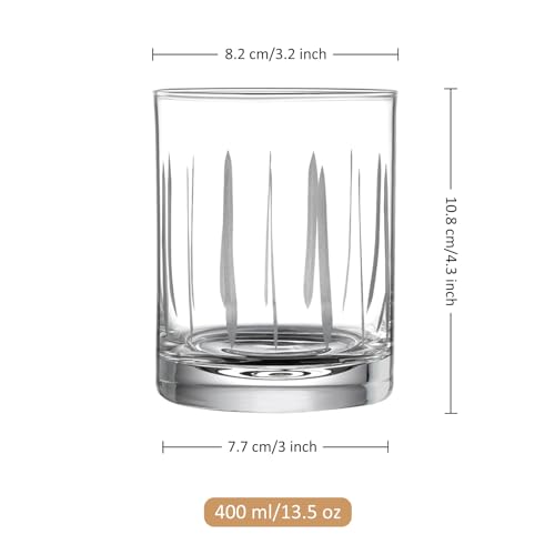 Joeyan Hand Blown Etched Whiskey Glasses,Old Fashioned Tumblers with Stripes Dots Pattern,Clear Carved Rocks Glasses,Scotch Bourbon Glassware for Party Anniversary,13.5 oz,Set of 4,Dishwasher Safe - color: Etched Dots Swirls Strips Patterned Whiskey Glass