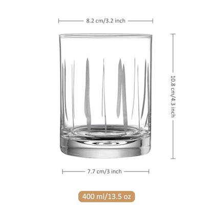 Joeyan Hand Blown Etched Whiskey Glasses,Old Fashioned Tumblers with Stripes Dots Pattern,Clear Carved Rocks Glasses,Scotch Bourbon Glassware for Party Anniversary,13.5 oz,Set of 4,Dishwasher Safe - color: Etched Dots Swirls Strips Patterned Whiskey Glass