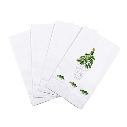 Saro Lifestyle Embroidered Holly Leaf Christmas Tree Design Hemstitched Linen Cotton Guest Towel (Set of 4), White, 14"x22" - color: Holly Leaf Christmas Tree