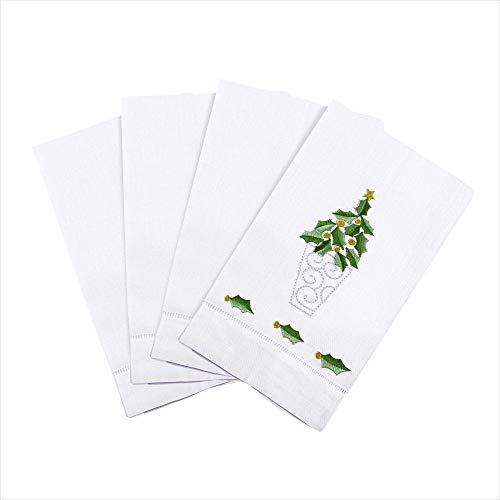 Saro Lifestyle Embroidered Holly Leaf Christmas Tree Design Hemstitched Linen Cotton Guest Towel (Set of 4), White, 14"x22" - color: Holly Leaf Christmas Tree
