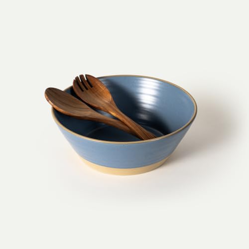 Mora Giant Salad Bowl Set with Wood Salad Servers, 4 qt Large Ceramic Serving Bowl for Salad, Pasta & Fruit, Microwave, Oven and Dishwasher Safe - Sky - color: Sky
