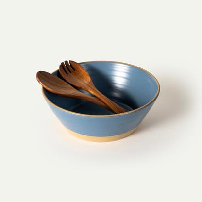 Mora Giant Salad Bowl Set with Wood Salad Servers, 4 qt Large Ceramic Serving Bowl for Salad, Pasta & Fruit, Microwave, Oven and Dishwasher Safe - Sky - color: Sky