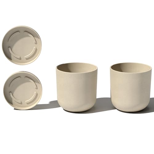 Veradek Mason Series Lima Planter - Round Planter for Indoor or Outdoor Porch/Garden | Made from Plastic-Stone Composite with Drainage Holes | Modern Décor for Succulents, Flowers, Small Plants - color: Sand, size: 10 inches - 2 Pack with Saucers