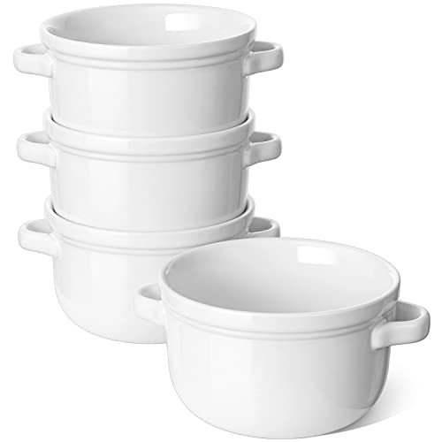 LE TAUCI Soup Bowls With Handles 28 oz, French Onion Soup Bowl for Chili, Beef Stew, Cereal, Ceramic Soup Crocks oven Safe, Microwave Dishwasher Safe - 5.5 inch, Set of 4, White - color: White