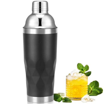 Insulated Cocktail Shaker Black -20oz Double Wall Vacuum Stainless Steel Martini Shaker with Built-in Strainer, Pro Leak-Proof Weighted Shaker for Home Bar, Premium Bar Gift Set - color: Black