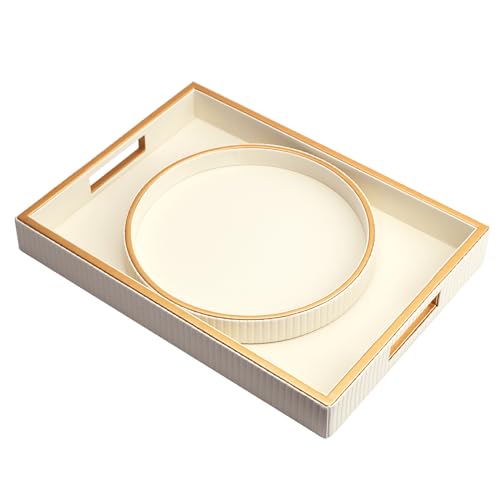 Leather Tray Desktop Storage Organizer, Decorative Tray Set, White | Premium Serving Trays Valet Tray for Sundries Cosmetics Phone Wallet Cutlery, Set of 2, White Holder with Disc - color: White Holder With Disc