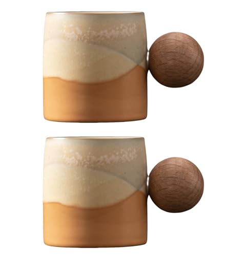 2-Oz Ceramic Espresso Cups with Wood Handle, 2/4-Piece Set for Coffee, Tea, Latte - Dishwasher Safe, Multi-Color & Wood Styles, Gift & Café Use(Kiln turning yellow, Round Handle2) - color: Kiln turning yellow, size: Round Handle2