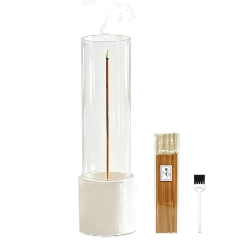 CEREMONY Incense Holder, Ceramic Incense Holder for Sticks with Glass Ash Catcher, Anti-ash Incense Burner with 20 Incense Sticks and a Ash Brush for Meditation Yoga Spa Room Decor (White) - color: Ceramic Cup White