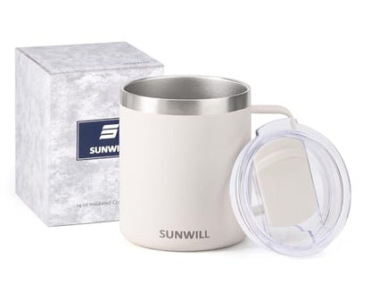 SUNWILL Travel Coffee Mug with Lid, Insulated Tumbler with Handle, 14 oz Stainless Steel Cup for Home, Office, Camping, Powder Coated Cream - color: Powder Coated Cream