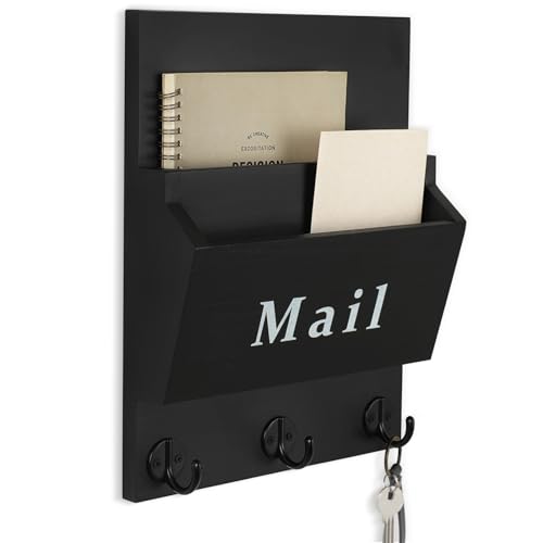 Mail and Key Holder, Wall Key Holder with 2 Mail Organizer Slot and 3 Hooks | Decorative 8.86" x 11.42" Mail Holder, Real Paulownia Wood with Keyhole Brackets, Hardware and Instructions - color: Black