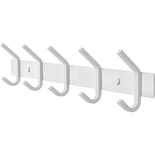 White Coat Rack Wall Mount – 15 Inch Stainless Steel Hook Rail with 5 Heavy Duty Double Coat Hooks – Wall Mounted Coat Hanger for Entryway, Bathroom, Bedroom, Towel, Hat Organizer - color: White, size: 5 Hooks - 1 Pack