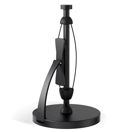 VEHHE Paper Towel Holder Countertop, Black Paper Towel Holder with Spring Activated Arm and Damping Effect, Simply Tear Paper Towel Stand for Bathroom and Kitchen (Black) - color: Black, size: Suction Base