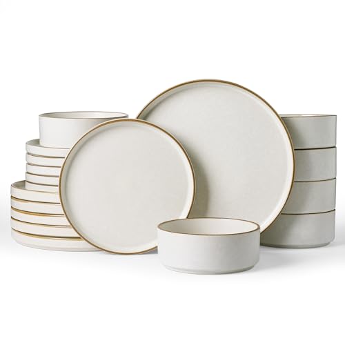 Famiware Nebula 18-Piece Dinnerware Set, Matte Beige White with Brown Rim | Stoneware Plates and Bowls, Handmade Reactive Glaze, Microwave & Dishwasher Safe, Chip & Scratch Resistant - color: Matte Beige White with Brown Rim, size: Service for 6 (Standard