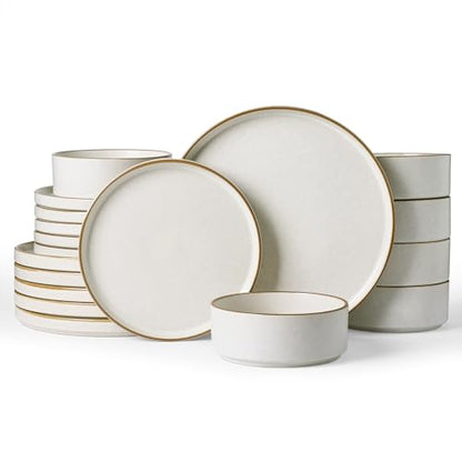 Famiware Nebula 18-Piece Dinnerware Set, Matte Beige White with Brown Rim | Stoneware Plates and Bowls, Handmade Reactive Glaze, Microwave & Dishwasher Safe, Chip & Scratch Resistant - color: Matte Beige White with Brown Rim, size: Service for 6 (Standard