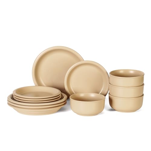 GZG Vintage Series Ceramic Dinnerware Set for 4, 12 Pieces, Warm Apricot | Stoneware Plates and Bowls Set, Lead-Free, Handcrafted Dishes Set, Microwave & Dishwasher Safe - color: Warm Sand, size: Service for 4(12pcs)