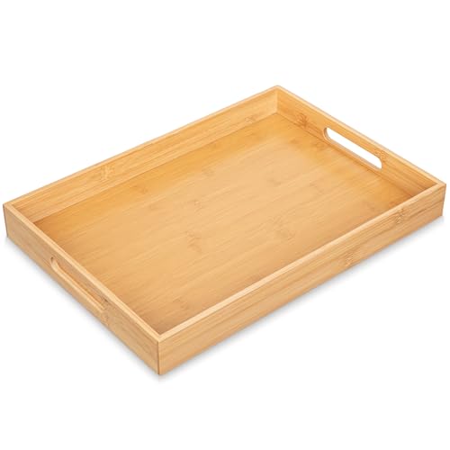 Briful Bamboo Decorative Tray with Handles - 16 x 12 Inch Rectangle Serving Tray for Coffee Table Decor Farmhouse Kitchen Counter Organizer & Bathroom Vanity Tray - color: Nature Bamboo