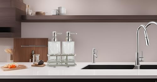 Square Glass Clear Lotion and Soap Pump Dispenser Set with Metal Stand Caddy for Bathroom Bath Kitchen Home Office Travel Hotel Hand Crafted Heavy Weight Nickel - color: Nickel