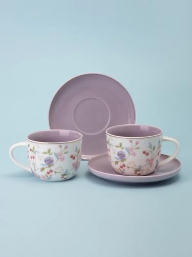 Porcelain Set of 2 Pastel Cups 8 oz with Saucers 5.75", Glamour by Marsseus Collection, Gift Box, Floral motif - color: Floral motif-1
