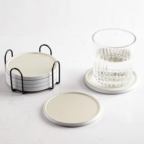 Set of 6 Beige Coasters with Holder, Absorbent Ceramic Drink Coasters with Cork Backing for Table Protection, Table Decor, Housewarming Gifts - color: Beige
