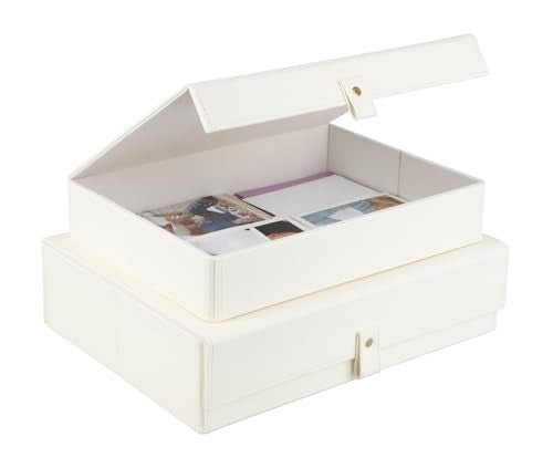HofferRuffer Photo Storage Boxes with Dust-Proof Lid, Set of 2 Faux Leather Lidded Storage Bins, Photo, Jewelry, Scrapbooking Supplies, Keepsake Organizer for Elegant Home & Office Decor (CreamWhite) - color: CreamWhite