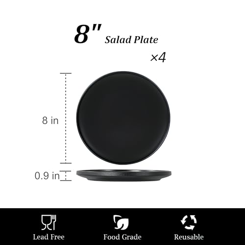 Ceramic Salad & Dessert Plates Set, 8 Inch, Set of 4, Modern Black | Stoneware, Dishwasher & Microwave Safe, Small Dinner Plates, For Cake, Fruits, Waffle, Pasta, Salad - color: Black, size: Salad Plates Set (4PCS)