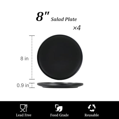 Ceramic Salad & Dessert Plates Set, 8 Inch, Set of 4, Modern Black | Stoneware, Dishwasher & Microwave Safe, Small Dinner Plates, For Cake, Fruits, Waffle, Pasta, Salad - color: Black, size: Salad Plates Set (4PCS)