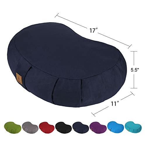 Crescent Zafu Meditation Pillow, D=17" W=11" H=5.5" Zabuton Yoga Bolster, Meditation Cushion, Floor Pouf Yoga Pillow Zippered Organic Cotton Cover Natural Buckwheat kneeling pillow - Large - color: Navy blue