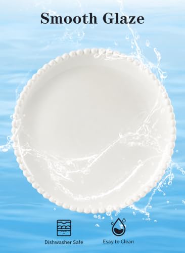 10.5 Inch Porcelain White Large Beaded Dinner Plates Set of 8 | Round Shape,Appetizer Plate,Ceramic,Dinnerware Serving,Salad,Pancakes,Steak,Pasta,Microwave, Dishwasher,Oven Safe - size: 10.5 Inch - 8P