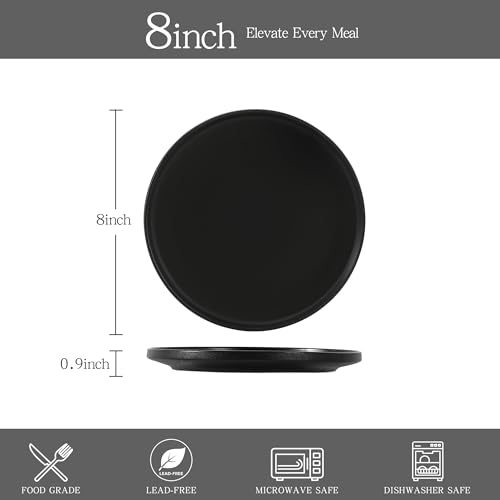 Salads & Desserts Plates, Set of 4, 8-Inch, Matte Black | Matte Glaze Stoneware Plate, Microwave Safe, Dishwasher Safe - color: Black, size: Salad Plates Set (4PCS)