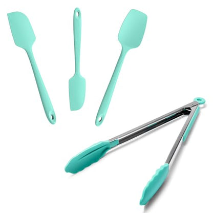 Doosu 12in Kitchen Tong for Cooking - 600°F Heat Resistant Food Tong with Non-Scratch Silicone Tips & 3-Piece Silicone Spatula Set Kitchen Food Grade BPA Free Baking Supplies Cooking Tools (Aqua Sky)