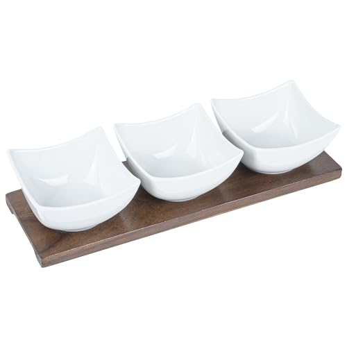 Restaurantware-15 Ounce Bowl Set with Tray - 1 Dishwashable Serving Set, Includes 3 Porcelain Bowls And 1 Bamboo Tray, Durable, White Porcelain And Bamboo Bowl And Platter Kit, Reusable, Freezable - size: Triple set, style: Cocktail