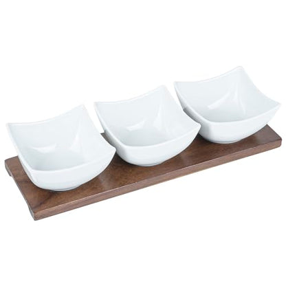 Restaurantware-15 Ounce Bowl Set with Tray - 1 Dishwashable Serving Set, Includes 3 Porcelain Bowls And 1 Bamboo Tray, Durable, White Porcelain And Bamboo Bowl And Platter Kit, Reusable, Freezable - size: Triple set, style: Cocktail
