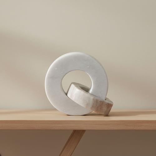 Home Decor and Bathroom Decor Marble Double Ring - Modern Shelf Sculpture and Office Accents for Room Styling - Coffee Table Ornaments and Living Room Decor Statues Design - 6", White & Beige - color: White