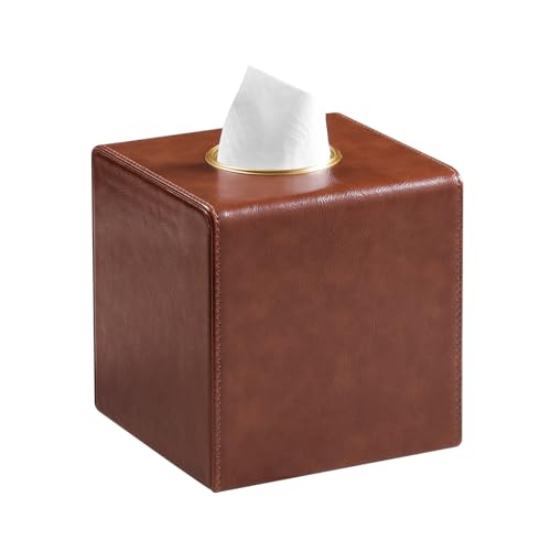 Square Tissue Box Cover with Magnetic Closure, Brown | Luxury PU Leather Tissue Holder with Gold Tone Metal Opening, Fits All Standard Cube Tissue Boxes - color: Brown