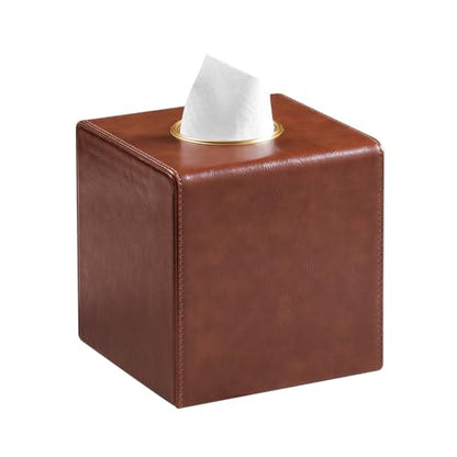 Square Tissue Box Cover with Magnetic Closure, Brown | Luxury PU Leather Tissue Holder with Gold Tone Metal Opening, Fits All Standard Cube Tissue Boxes - color: Brown