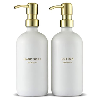 MaisoNovo Soap Dispenser 2-Piece Set | 16.9oz Clear Bottles with Gold Stainless Steel Pump Core - color: White/Gold